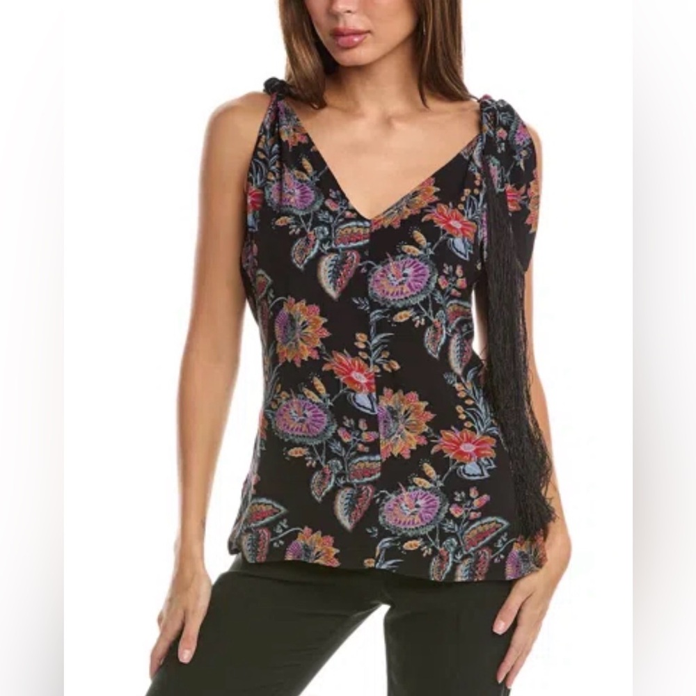 Equipment Black Floral V-Neck Blouse with fringed tie shoulder NWT